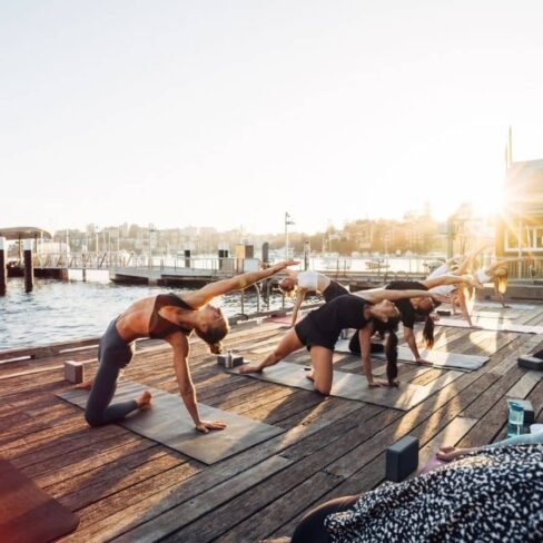 Sunset Vinyasa yoga class at Double Bay Yoga and Vaucluse Yoga with ocean views.